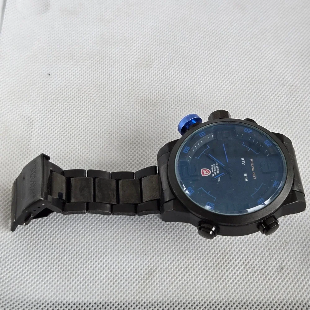 Shark Sport Watch Mens Black Dual Display Analog Digital Blue Crown 5.5in Tested